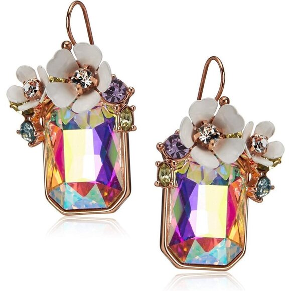 Women Gold Flower Rose Gold-tone Metal Glass Epoxy Cluster Stone Drop Earrings